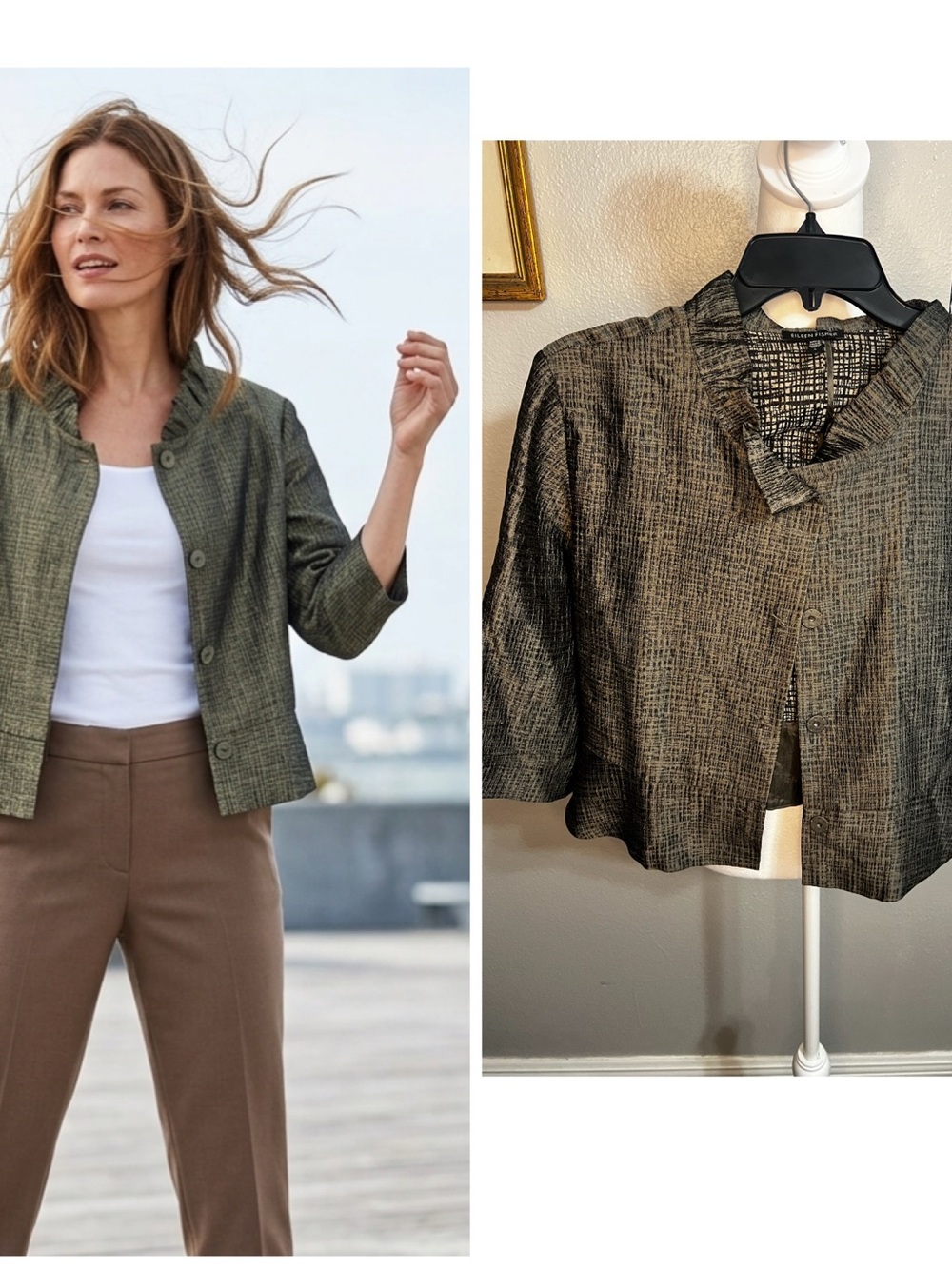 Eileen Fisher Jacket Silk Dark Green Design Open Ruffle Large Cardigan